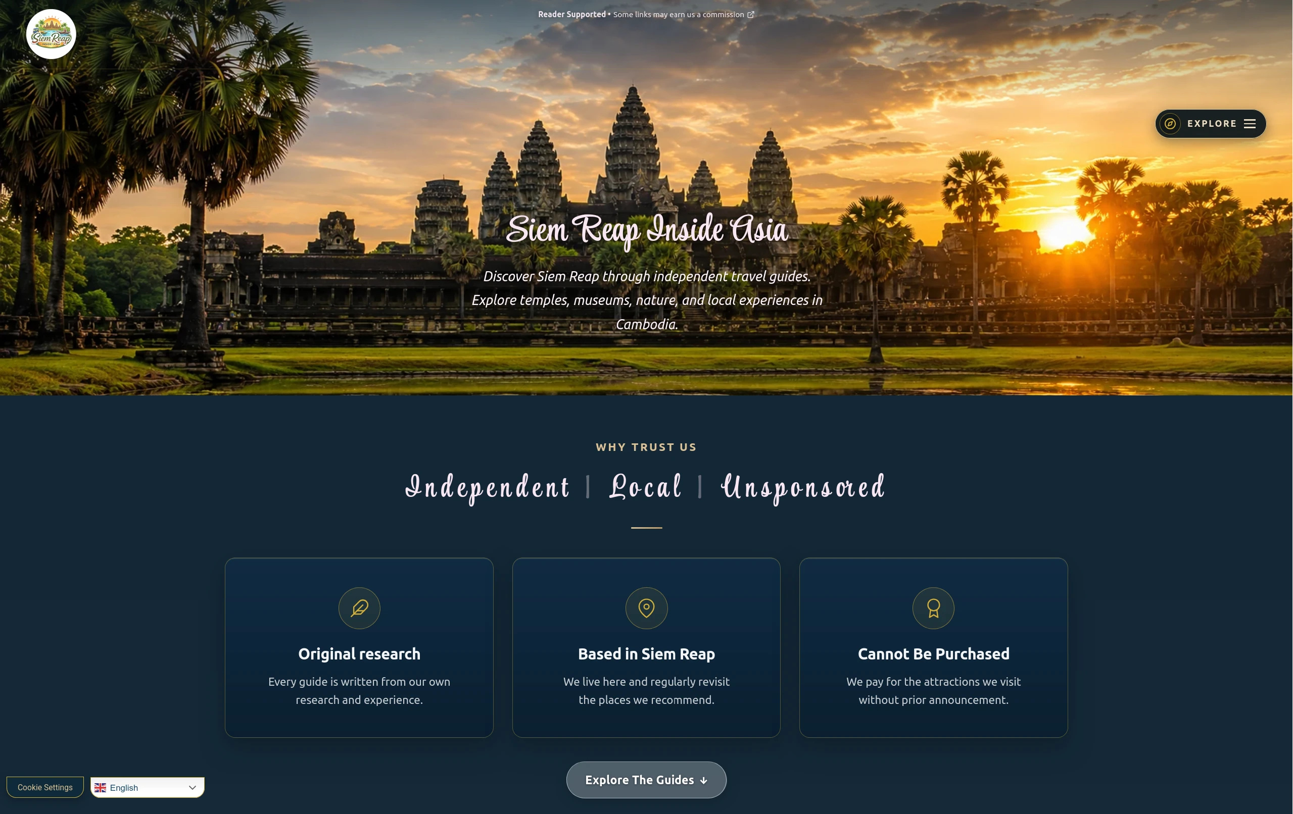 Siem Reap Inside Asia homepage with Angkor Wat at sunset