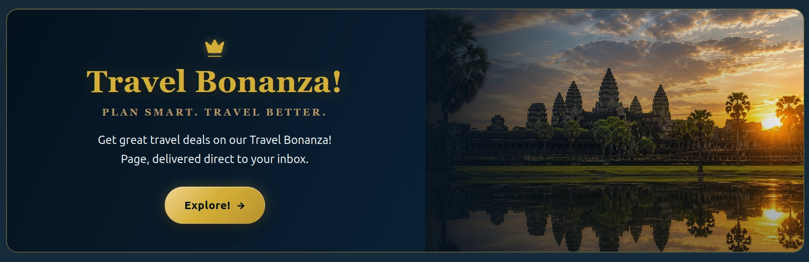 Travel Bonanza banner featuring travel deals and Angkor Wat at sunset